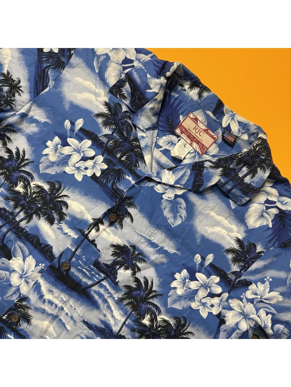 RJC Hawaiian Shirt Blue Palm Trees Floral Print Cotton USA Hawaii Made Men’s L - Picture 1 of 7